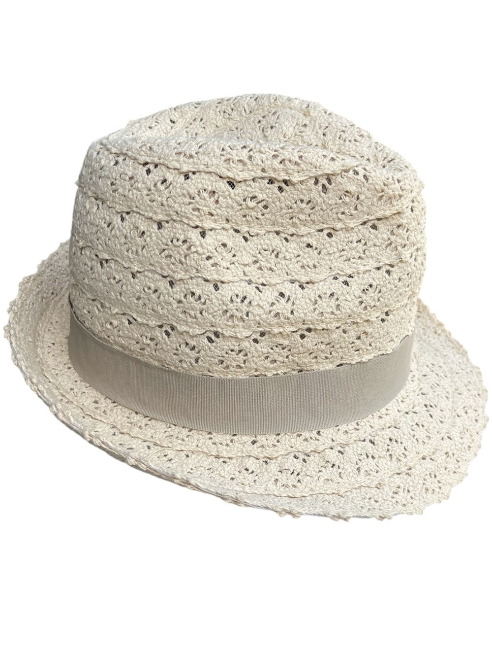 D&Y Cotton Cream Crocheted Grey Grosgrain Trim Packable Fedora Hat